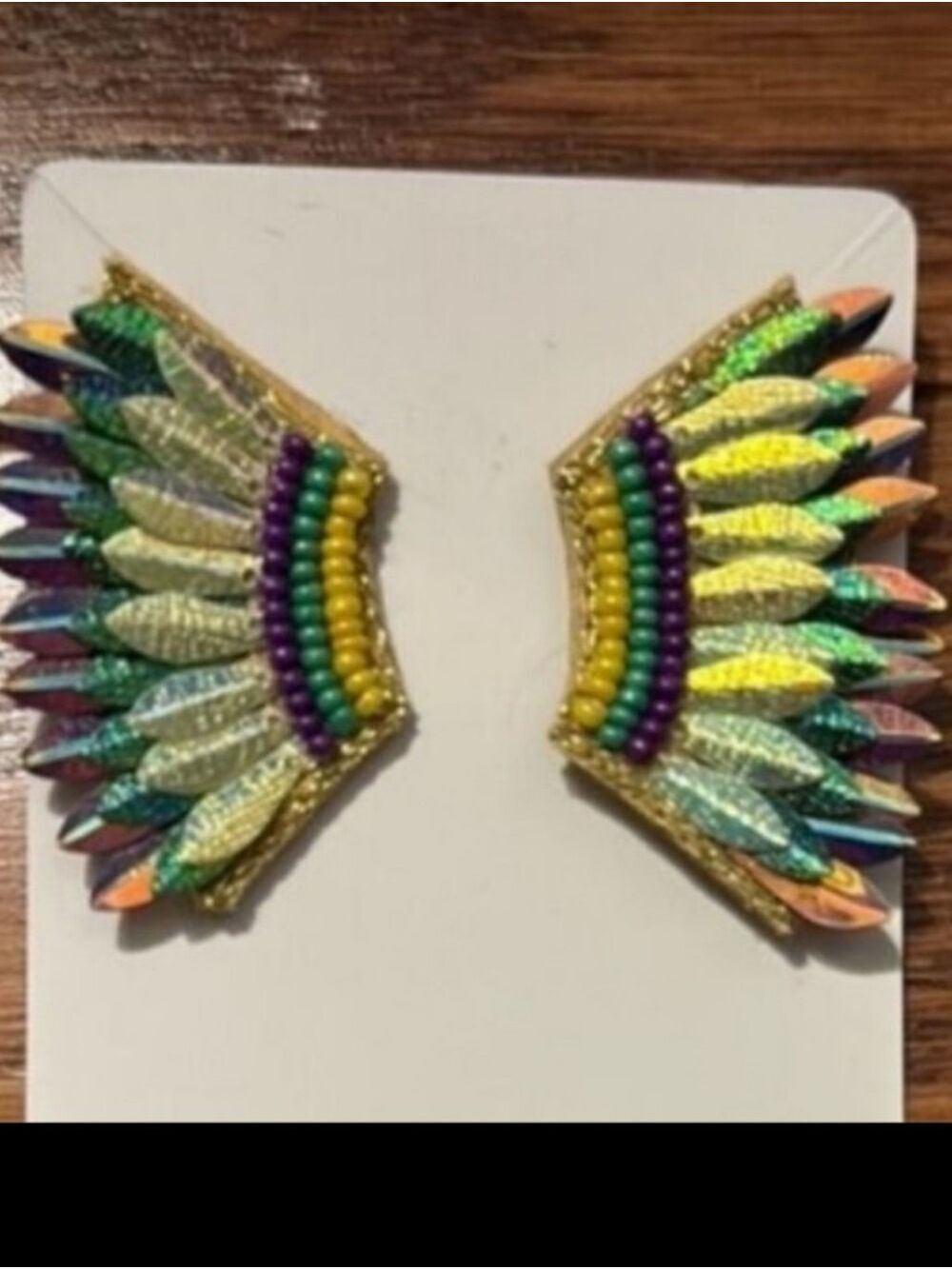 Colorful MARDI GRAS Wing Feather Earrings - Yellow, Green, Purple